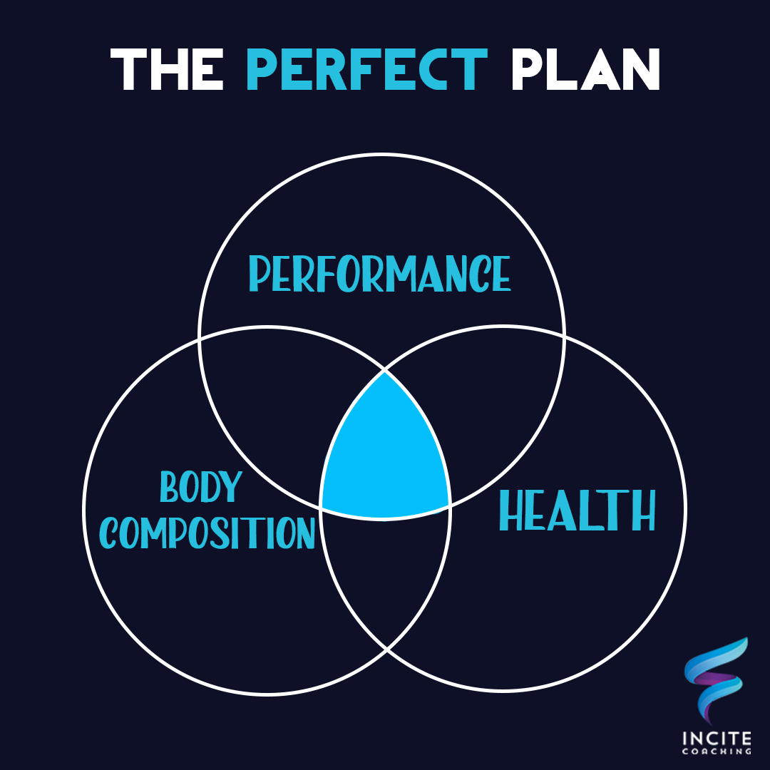 The perfect plan Venn diagram, that sweet-spot between body composition, health, and performance